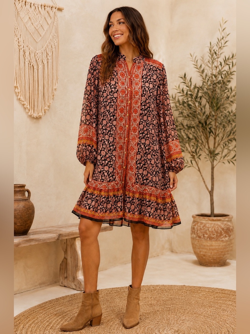 1.STATE XL Boho Floral Border Print Long Sleeve Ruffle Hem Dress